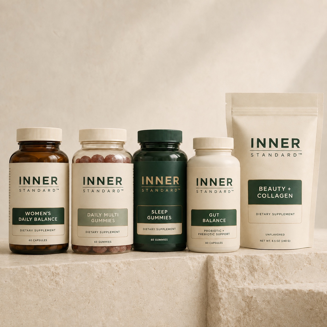 INNER STANDARD dietary supplement brand packaging concepts in cream, amber, and deep green