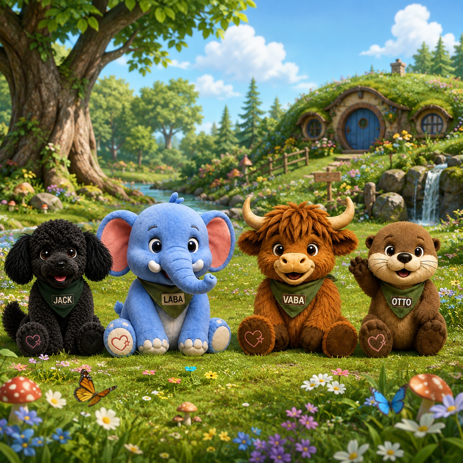 LABA, VABA, JACK, and OTTO together in a colorful meadow